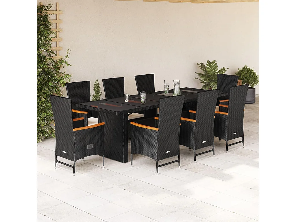 9 pcs conjunto de jantar p/ jardim c/ almofadões vime PE preto