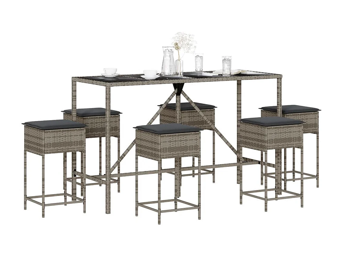 Ensemble de bar de jardin 7 pcs avec coussins gris poly rotin