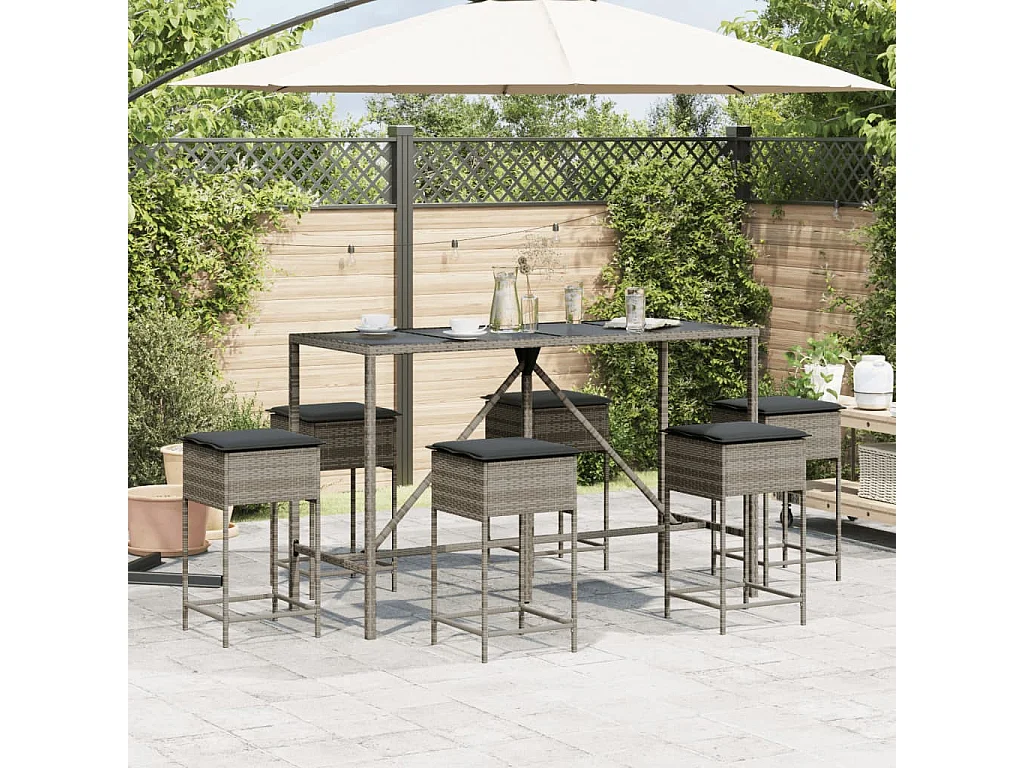 Ensemble de bar de jardin 7 pcs avec coussins gris poly rotin