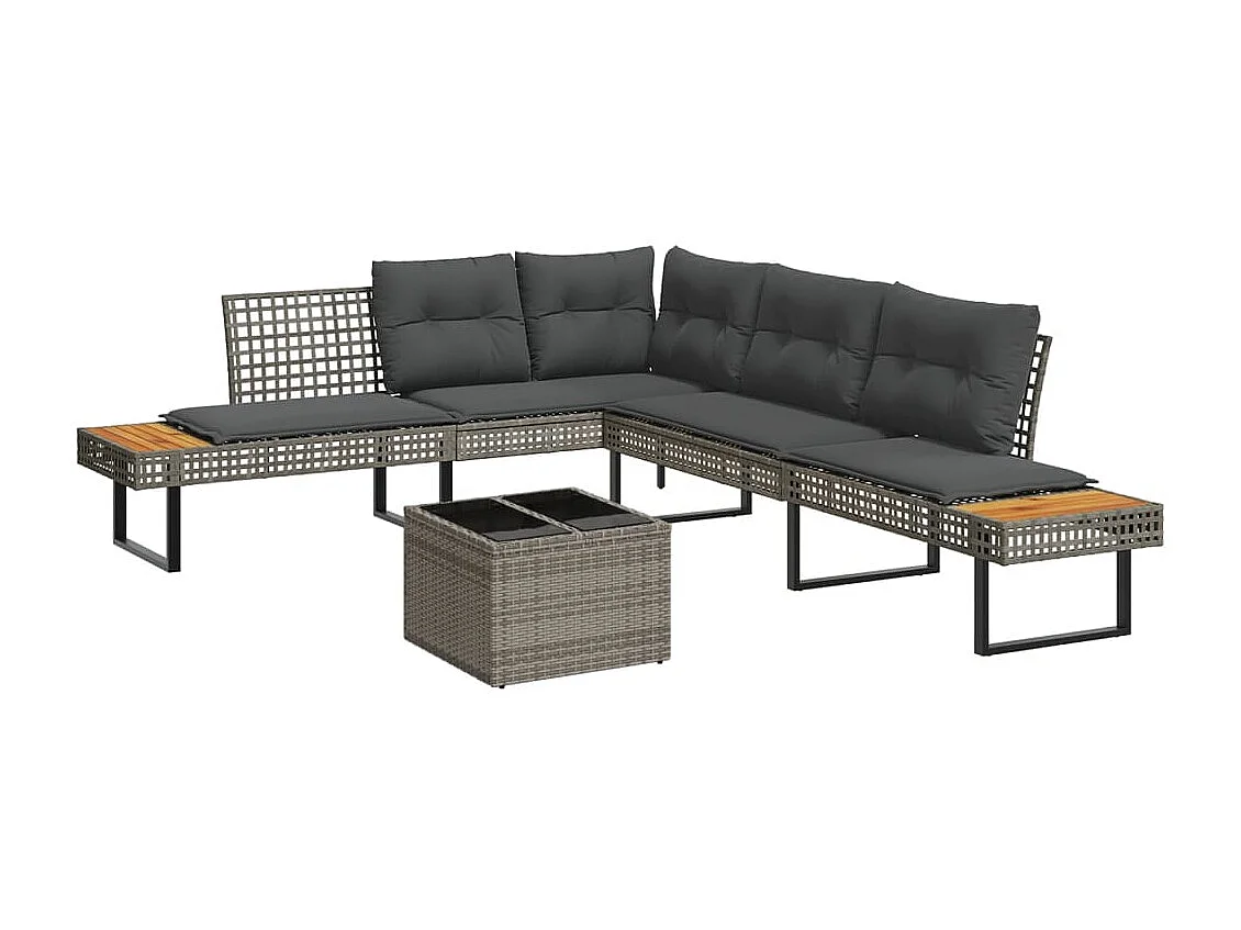 2 pcs conj. sofás p/ jardim c/ almofadões vime PE e vidro cinza