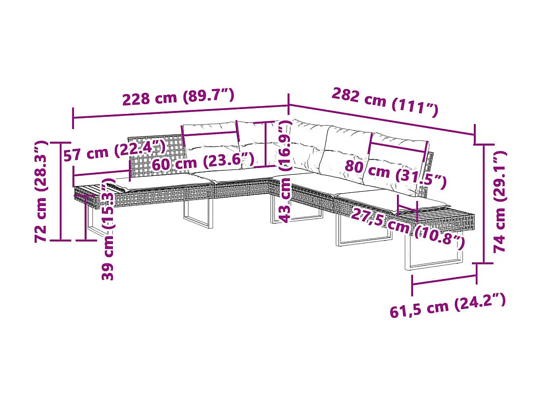 2 pcs conj. sofás p/ jardim c/ almofadões vime PE e vidro cinza