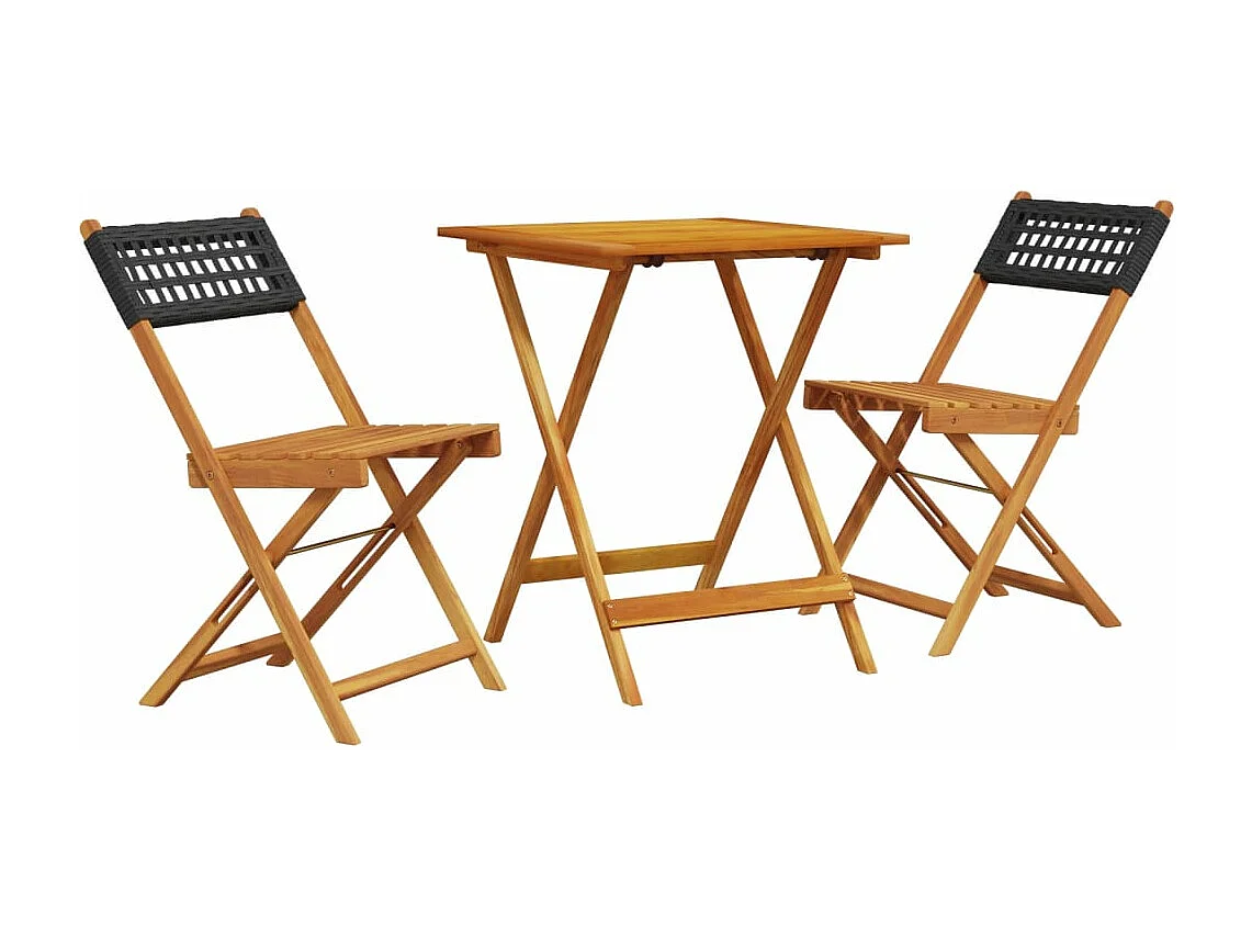 Set da Bistrot 3 pz Nero in Polyrattan e Legno Massello