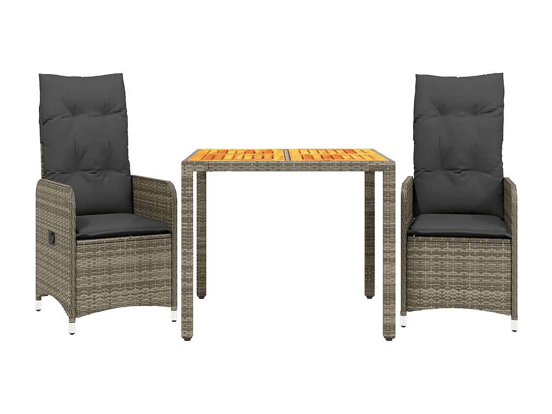 3 pcs conjunto bistrô de jardim c/ almofadões vime PE cinza