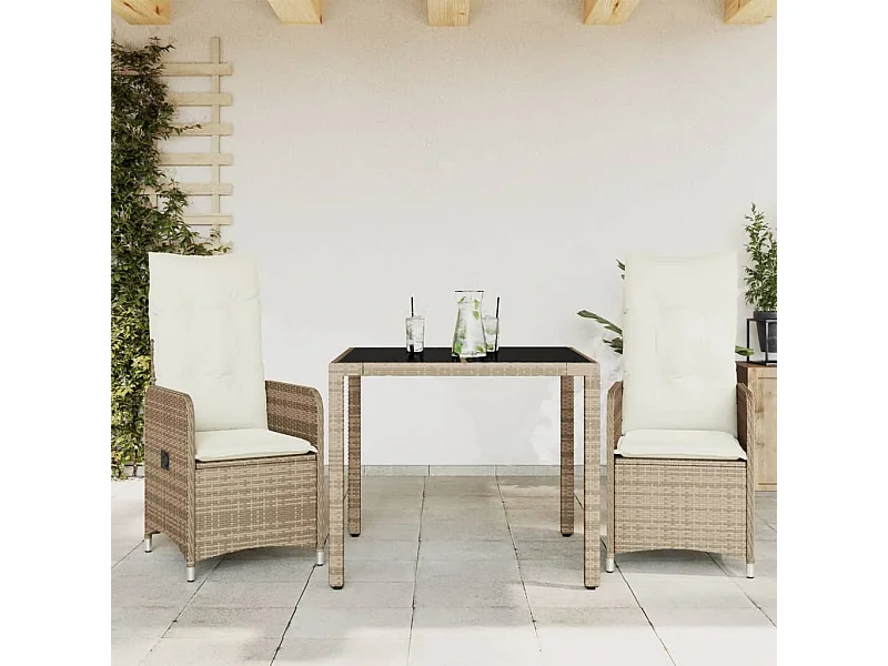 3 pcs conjunto de bistrô para jardim c/ almofadões vime PE bege