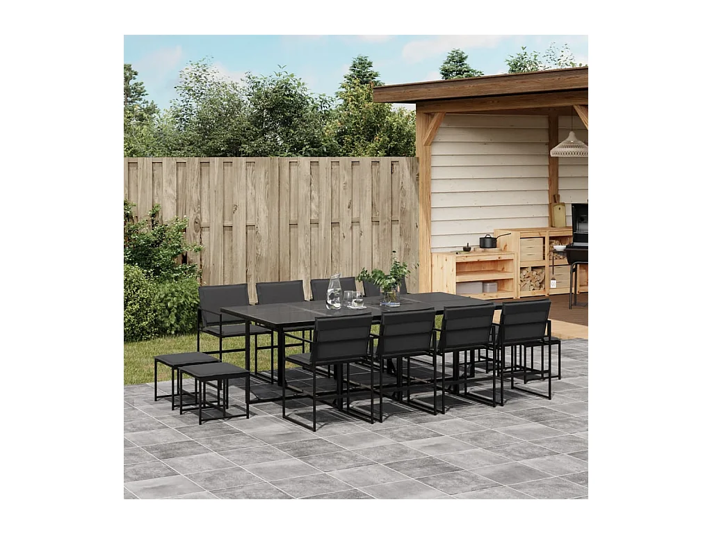 Set da Pranzo da Giardino 13 pz con Cuscini Nero in Textilene