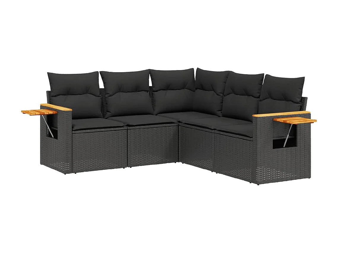 5-delige Loungeset met kussens poly rattan zwart