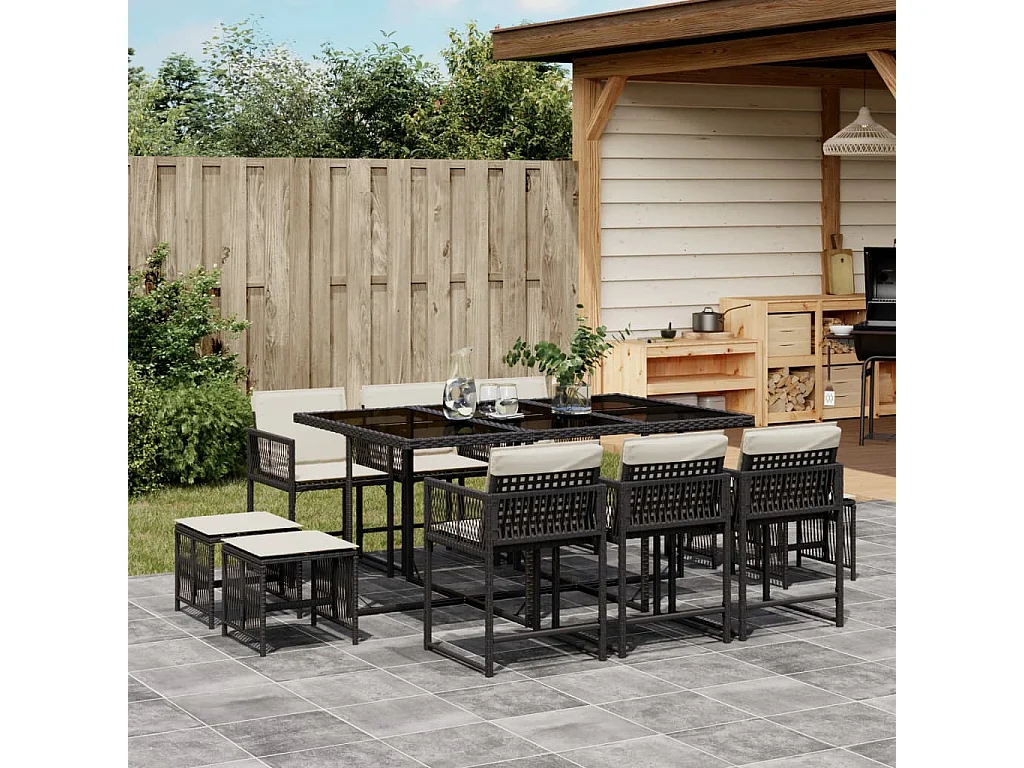 Ensemble à manger de jardin 11 pcs coussins noir résine tressée