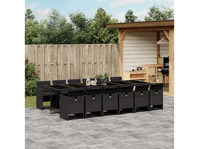 13 pcs conjunto de jantar p/jardim com almofadões vime PE preto