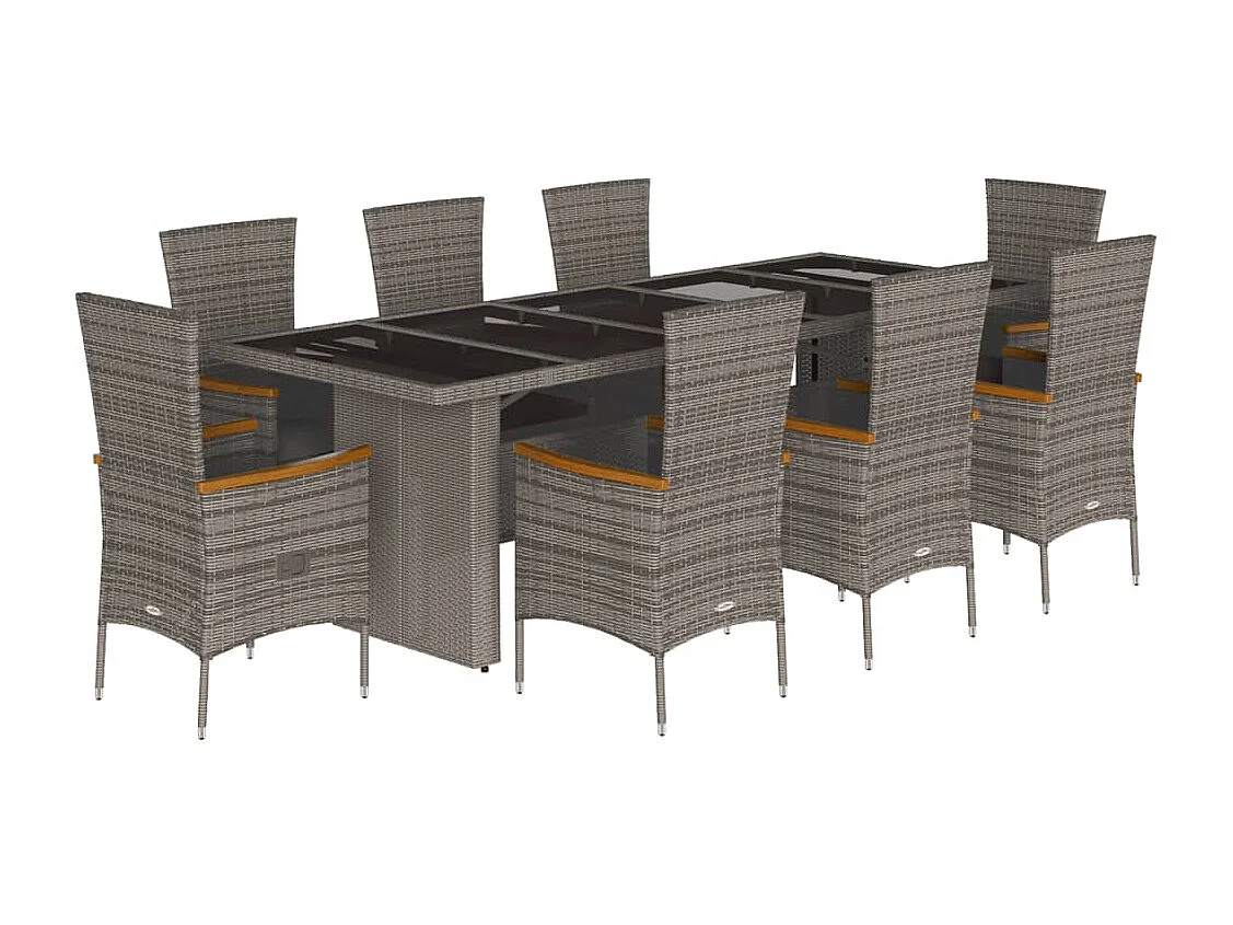 Set comedor jardín 9 pzas y cojines ratán sintético gris
