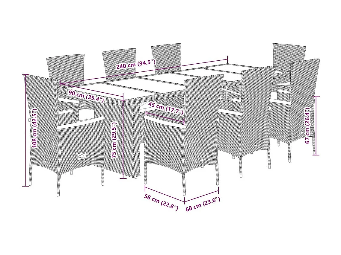 Set comedor jardín 9 pzas y cojines ratán sintético gris