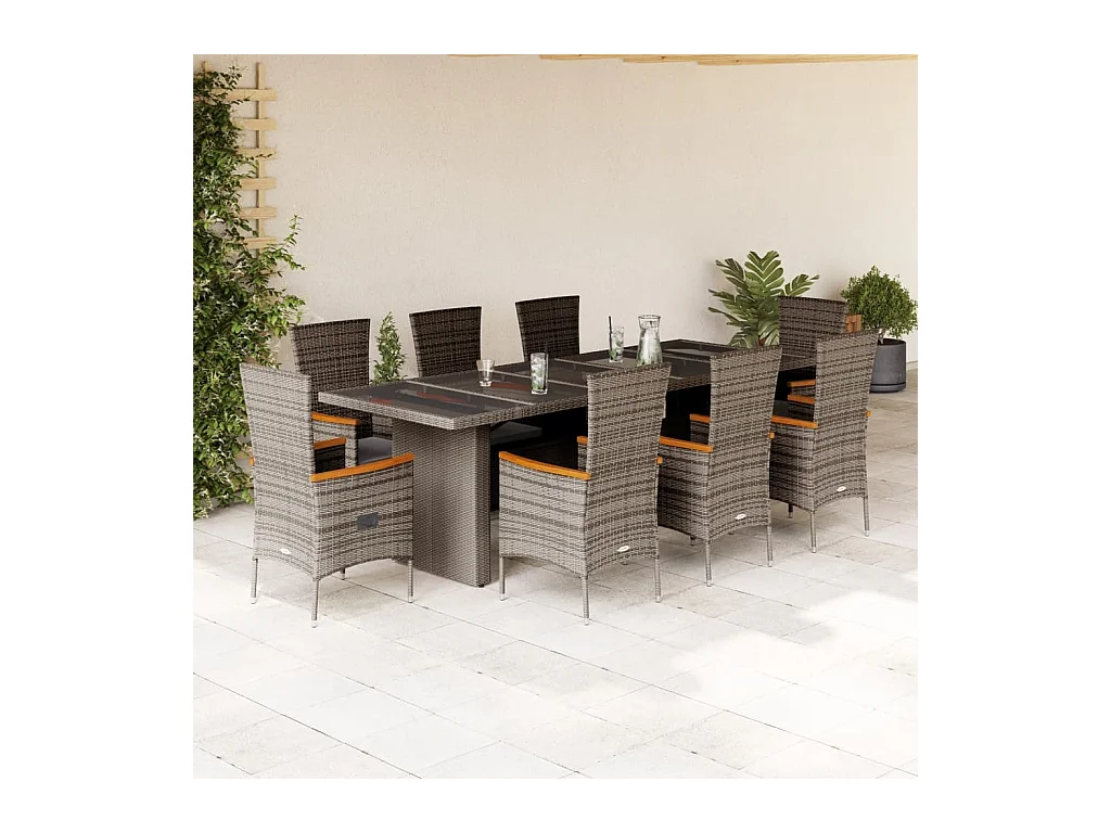 Set da Pranzo da Giardino 9 pz con Cuscini in Polyrattan Grigio