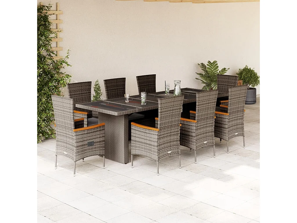 Ensemble à manger de jardin 9 pcs coussins gris résine tressée