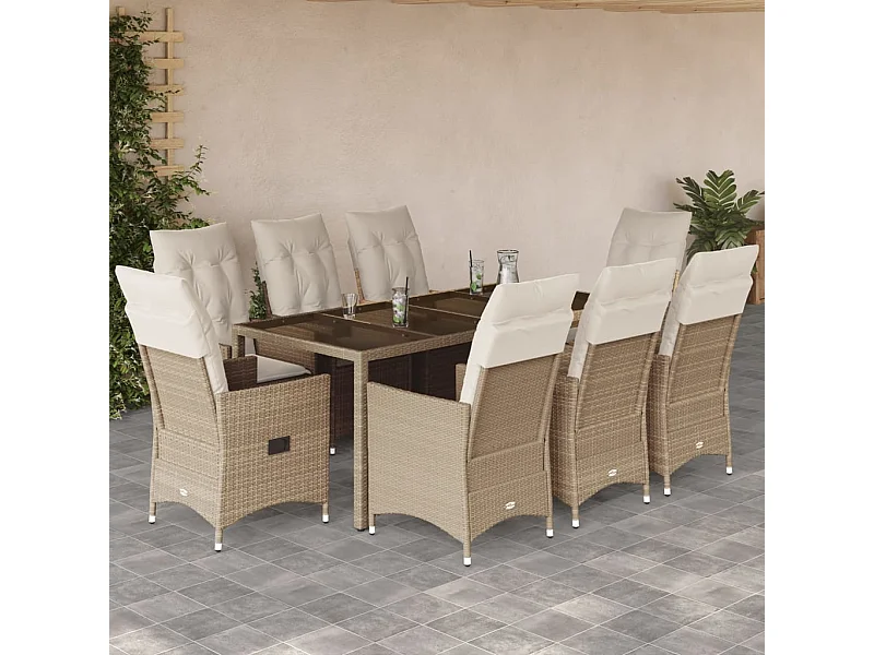 Set da Pranzo da Giardino 9 pz con Cuscini Beige in Polyrattan