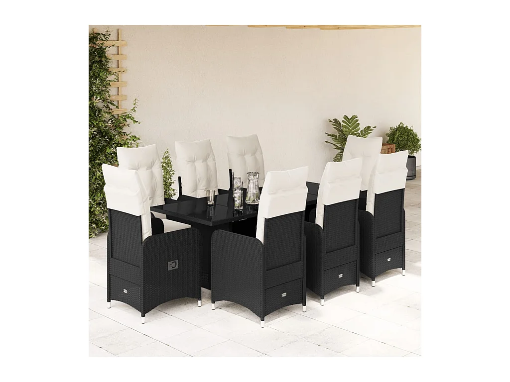 Set Bistrò da Giardino 9 pz con Cuscini in Polyrattan Nero