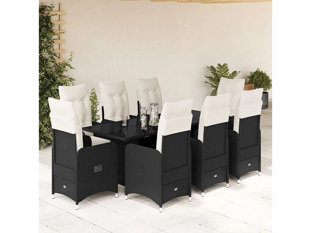 Ensemble de bistro de jardin 9 pcs coussins noir poly rotin