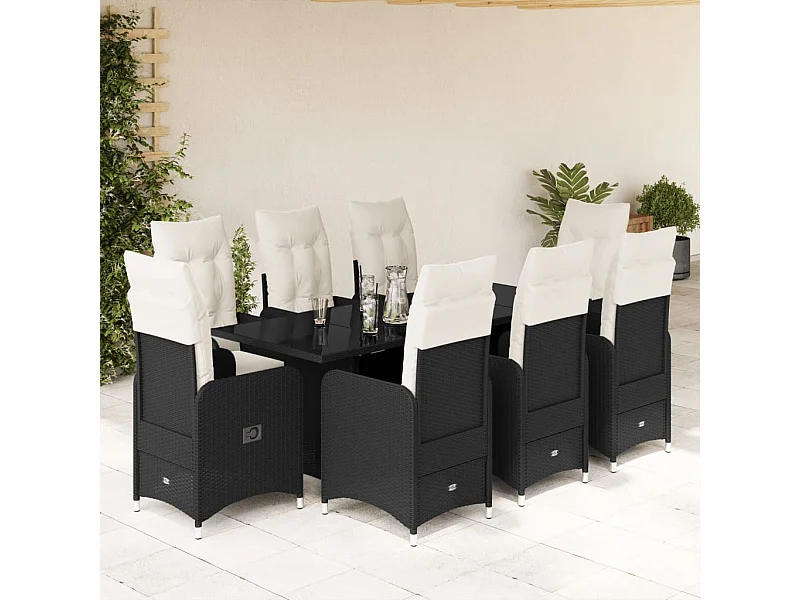 Ensemble de bistro de jardin 9 pcs coussins noir poly rotin