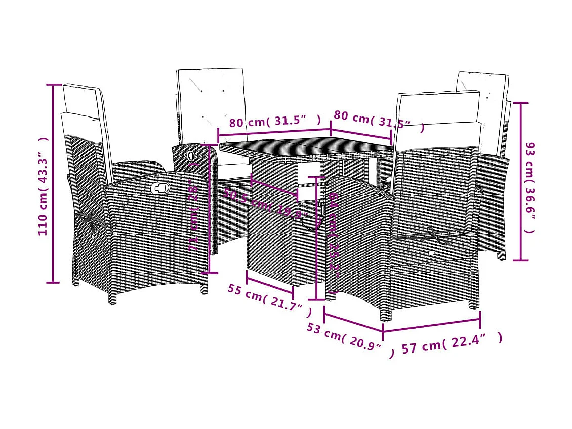 5-tlg. Garten-Essgruppe mit Kissen Grau Poly Rattan