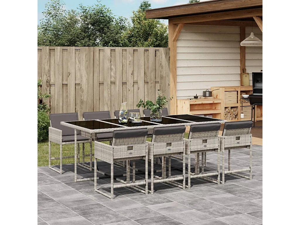 Set Pranzo da Giardino 9pz con Cuscini Grigio Chiaro Polyrattan