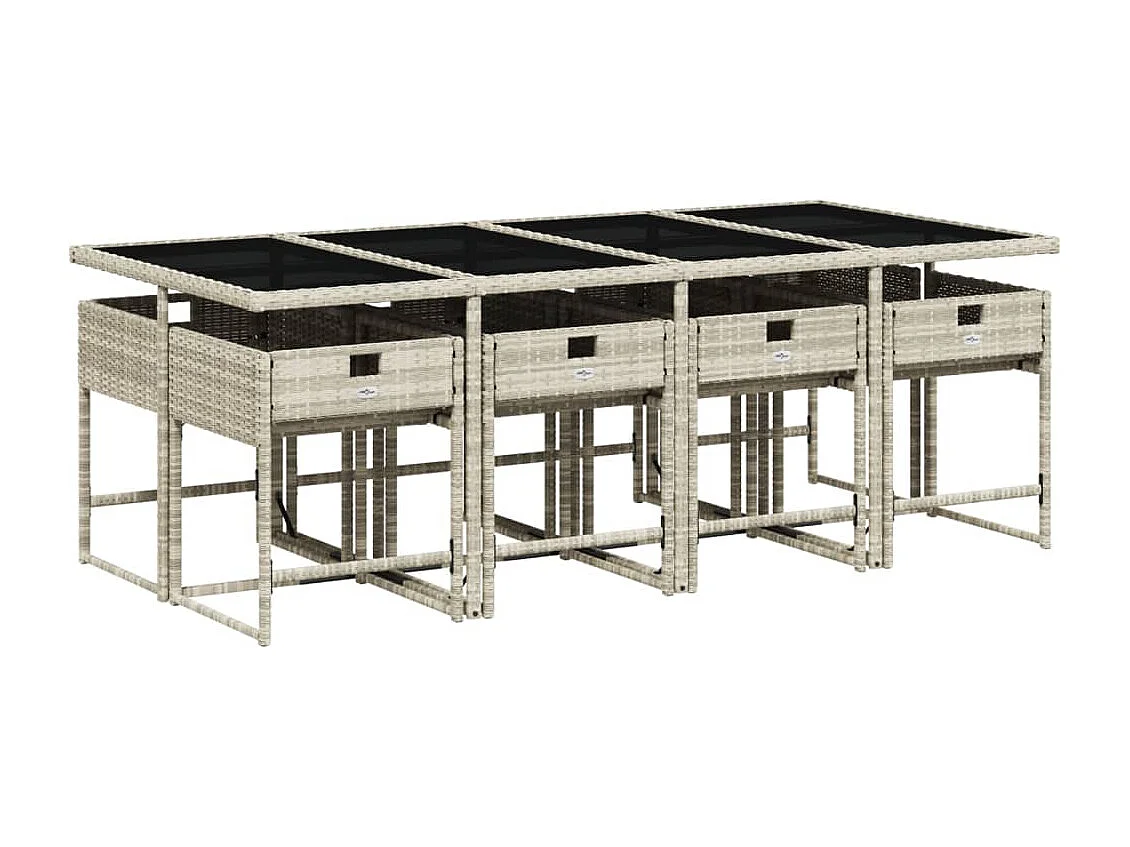 Set Pranzo da Giardino 9pz con Cuscini Grigio Chiaro Polyrattan