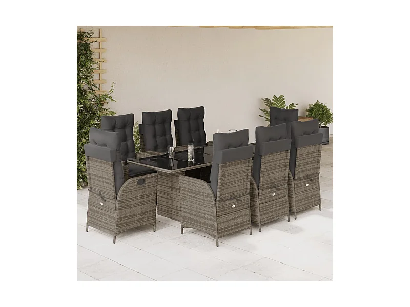 Ensemble à manger de jardin 9 pcs coussins gris résine tressée