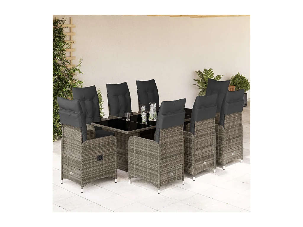 Ensemble de bistro de jardin 9 pcs coussins gris poly rotin