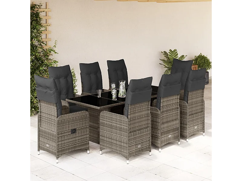 Set Bistrò da Giardino 9 pz con Cuscini in Polyrattan Grigio