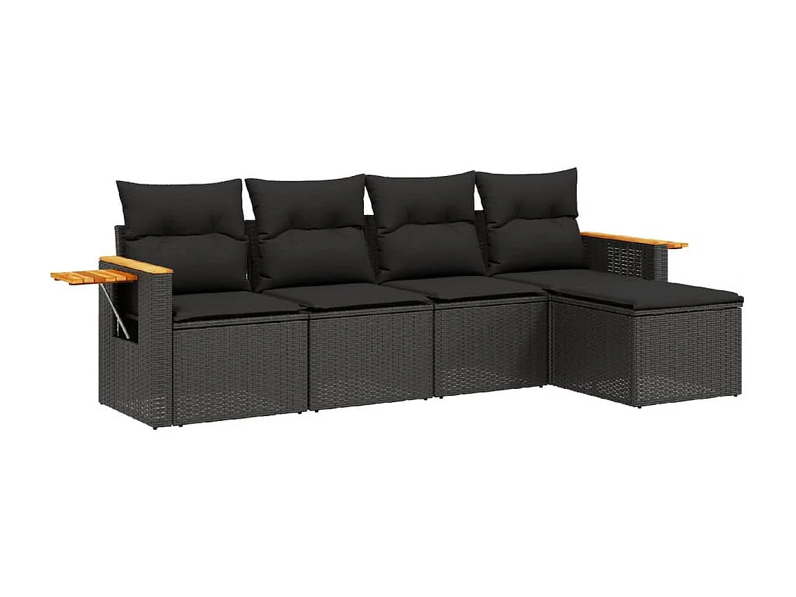 5-delige Loungeset met kussens poly rattan zwart
