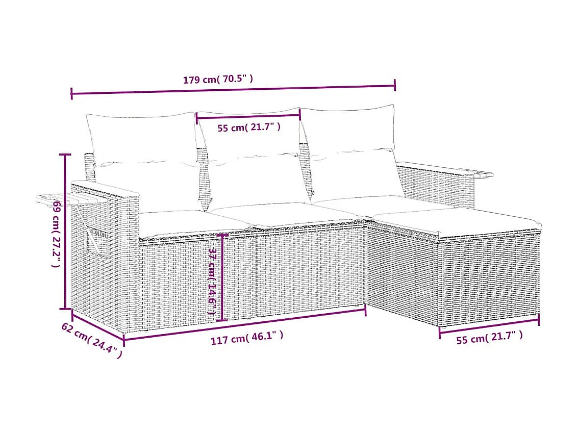 4-delige Loungeset met kussens poly rattan grijs