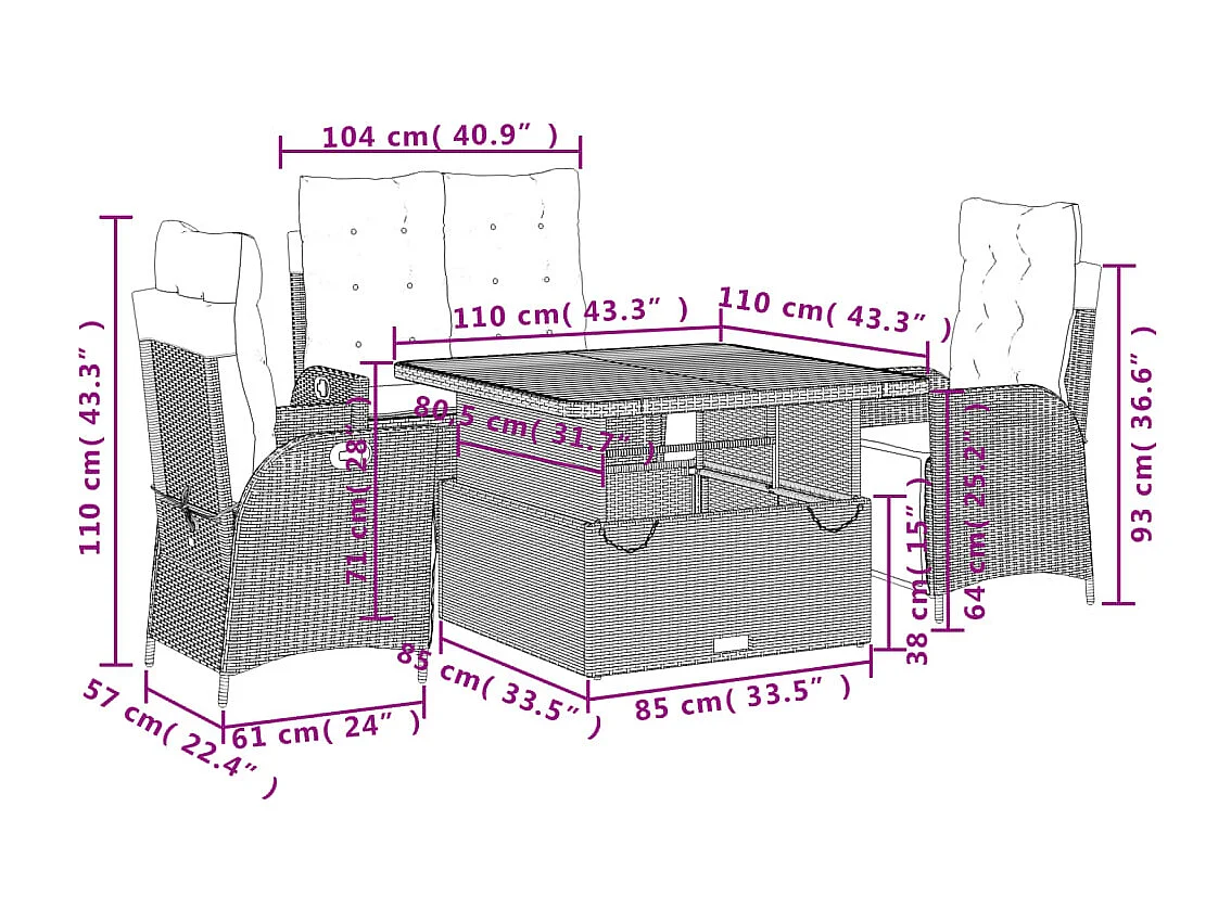 Ensemble à manger de jardin coussins 4 pcs beige résine tressée