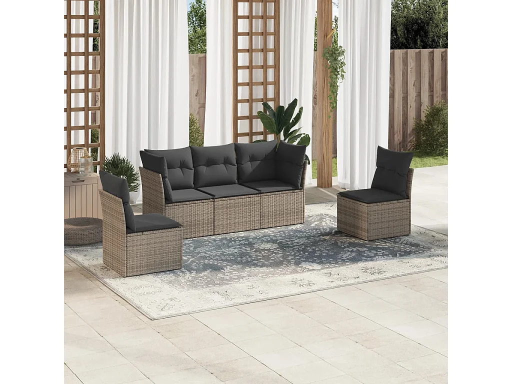 5-tlg. Garten-Sofagarnitur mit Kissen Grau Poly Rattan