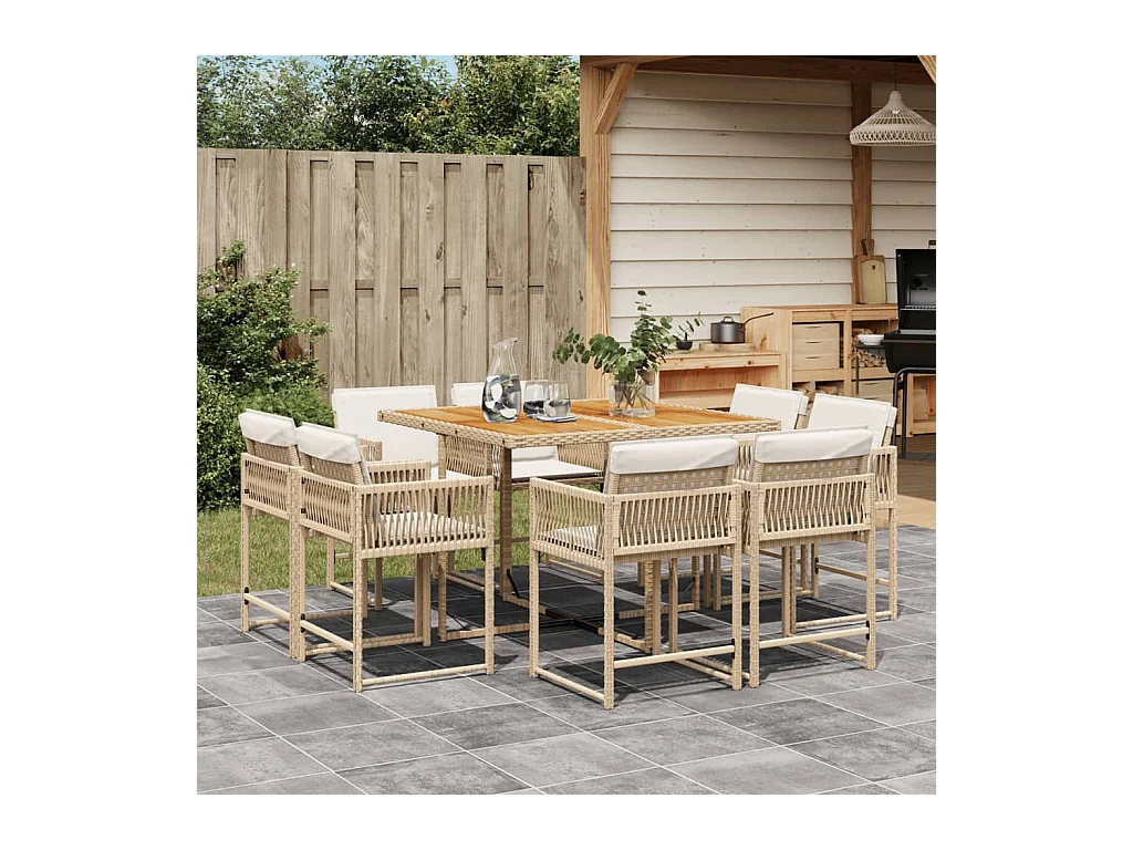 Ensemble à manger de jardin et coussins 9 pcs beige Poly rotin