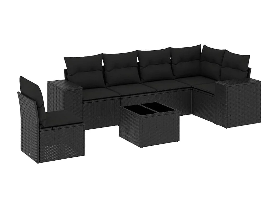 7-delige Loungeset met kussens poly rattan zwart