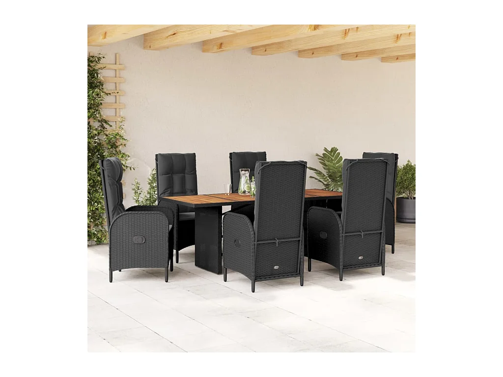 7-tlg. Garten-Essgruppe mit Kissen Schwarz Poly Rattan