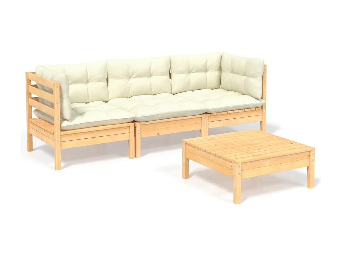 4-delige Loungeset met crèmekleurige kussens grenenhout