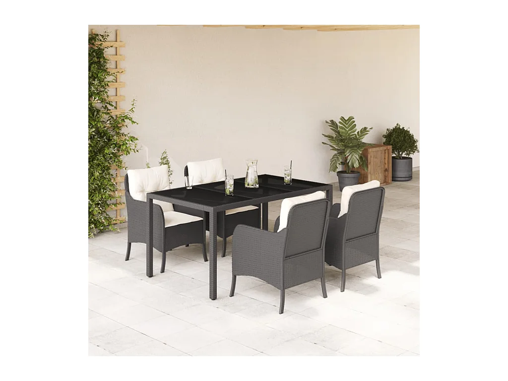 Set da Pranzo da Giardino 5 pz Nero con Cuscini in Polyrattan