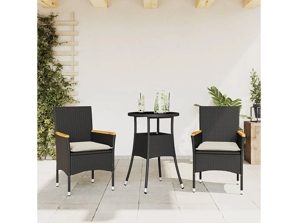 Ensemble à manger de jardin et coussins 3 pcs noir rotin verre