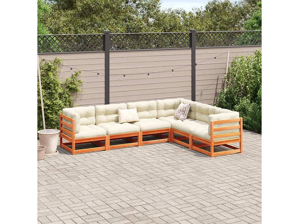 Set de sofás jardín 6 pzas con cojines madera pino marrón cera