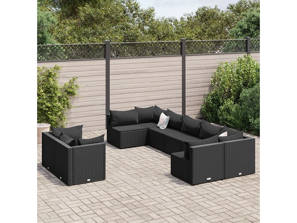 Salon de jardin 9 pcs avec coussins noir résine tressée