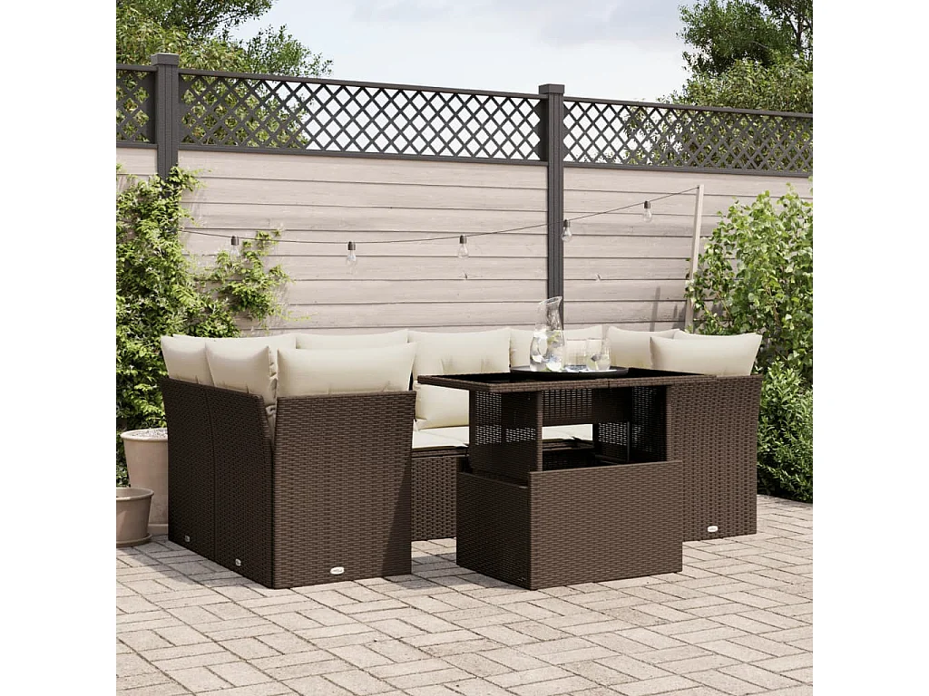 7-tlg. Garten-Sofagarnitur mit Kissen Braun Poly Rattan