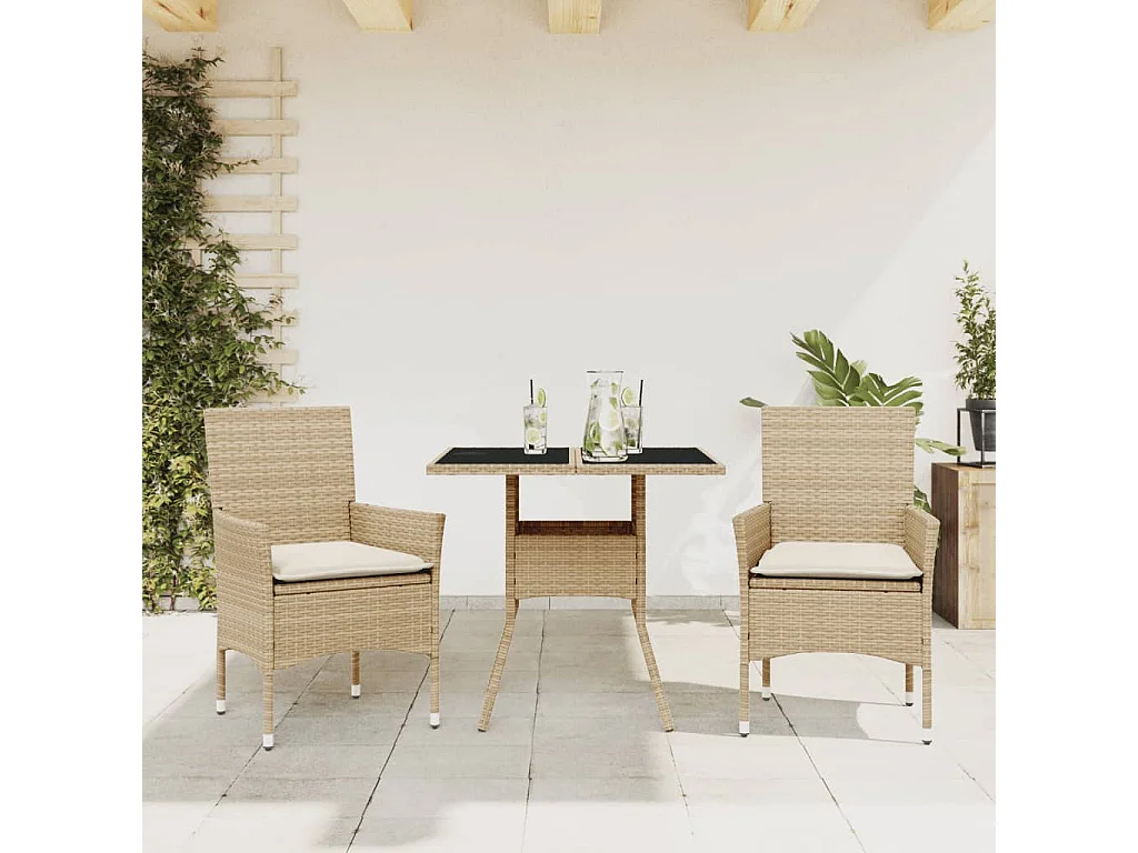 Ensemble à manger de jardin et coussins 3 pcs beige rotin verre