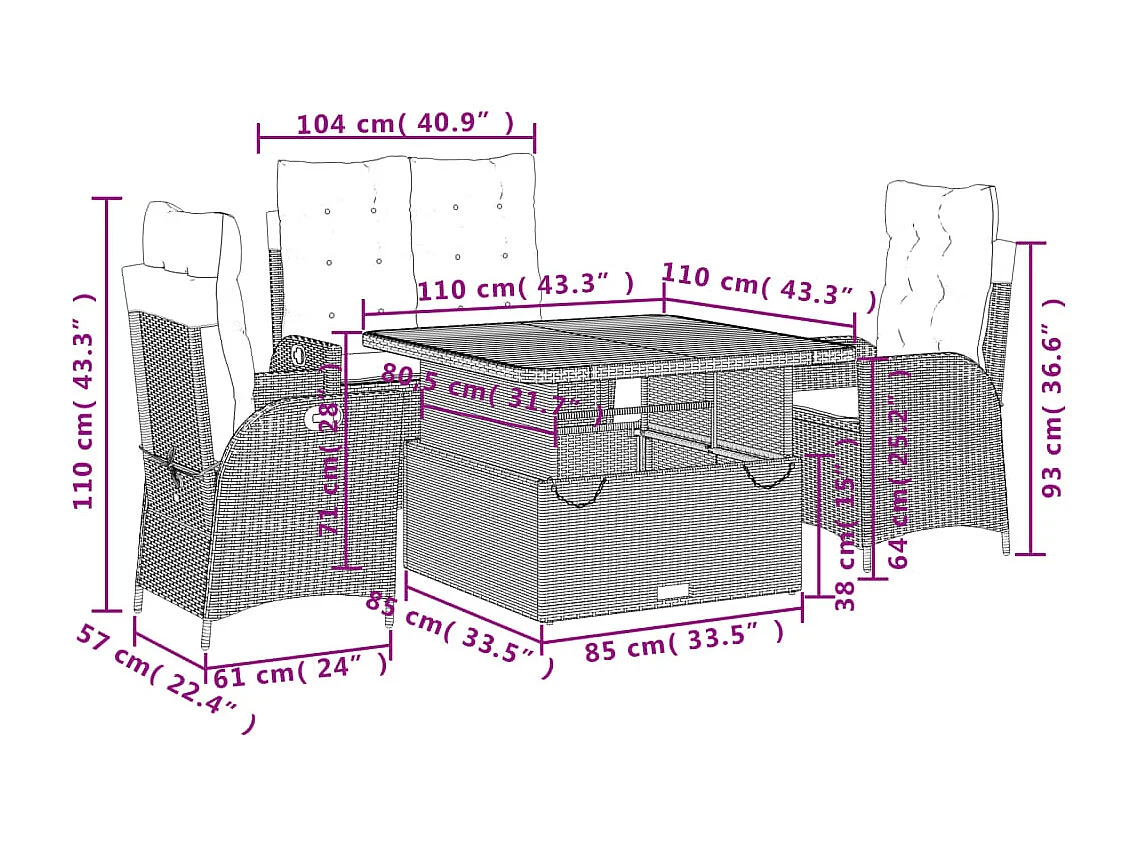 Set da Pranzo da Giardino 4 pz con Cuscini Nero in Polyrattan