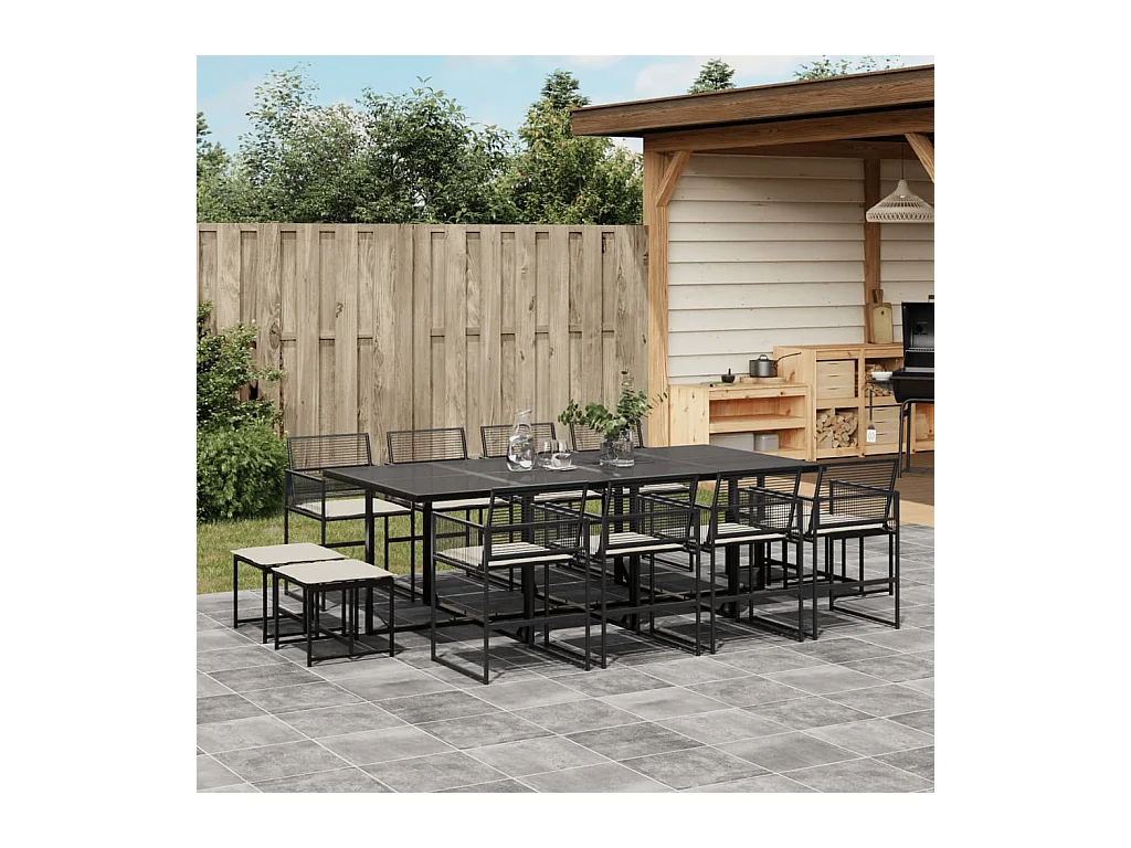 13 pcs conjunto de jantar p/jardim com almofadões vime PE preto