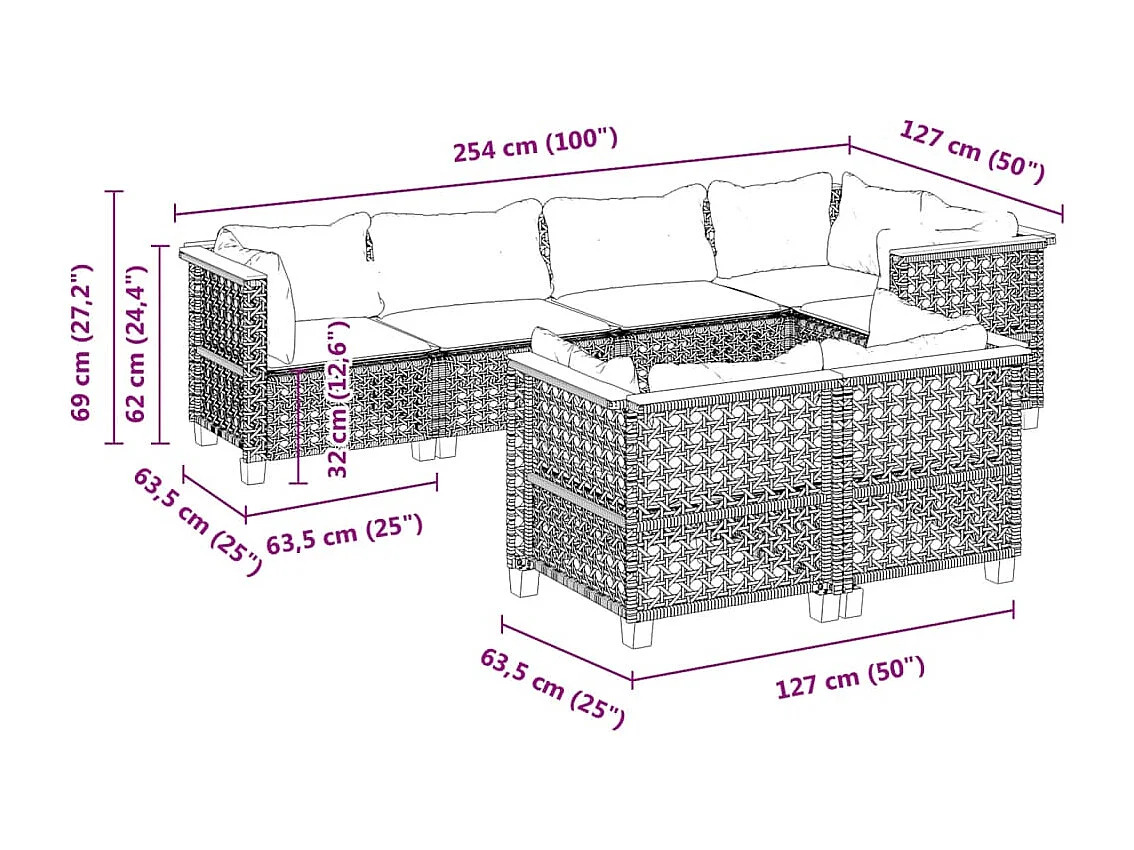 7-tlg. Garten-Sofagarnitur mit Kissen Schwarz Poly Rattan