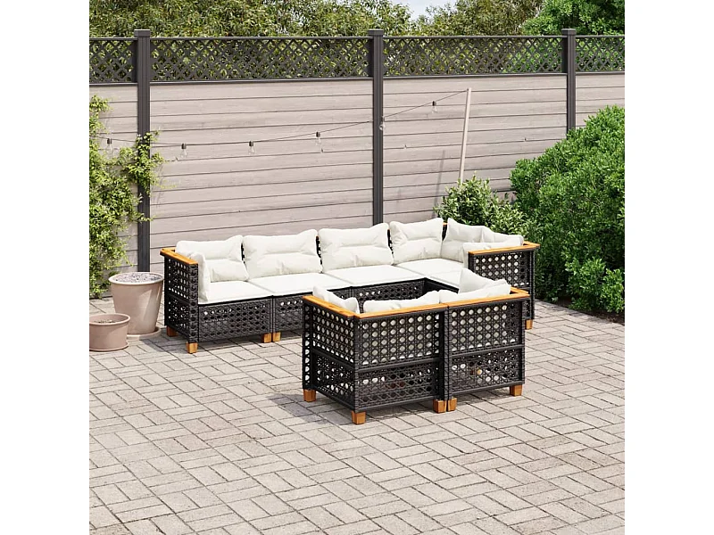 7-tlg. Garten-Sofagarnitur mit Kissen Schwarz Poly Rattan