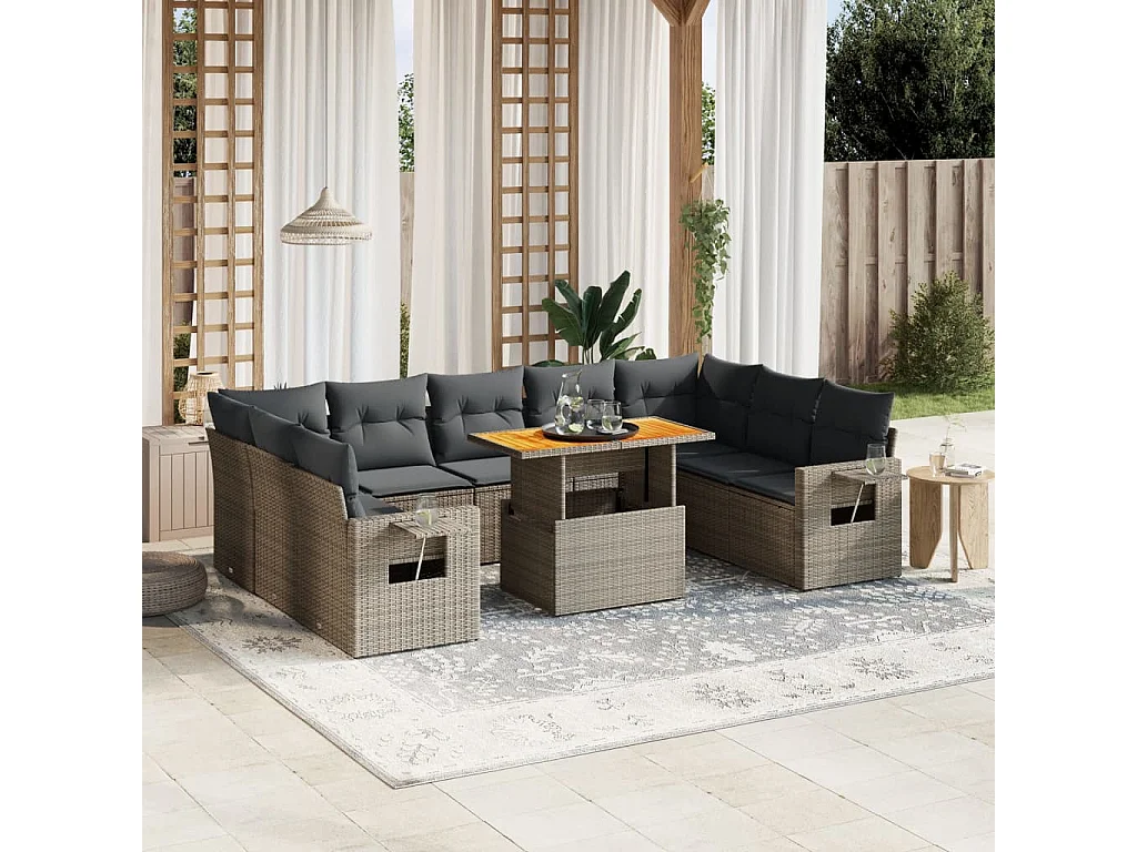 10-delige Loungeset met kussens poly rattan grijs