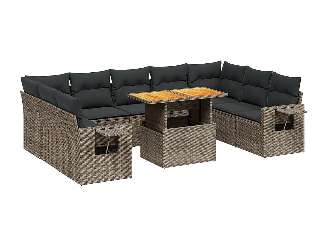 10-delige Loungeset met kussens poly rattan grijs