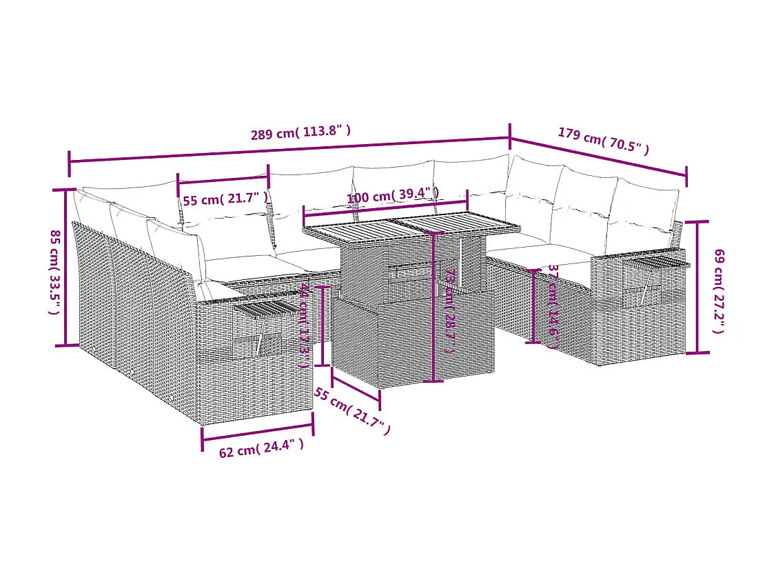 10-delige Loungeset met kussens poly rattan grijs