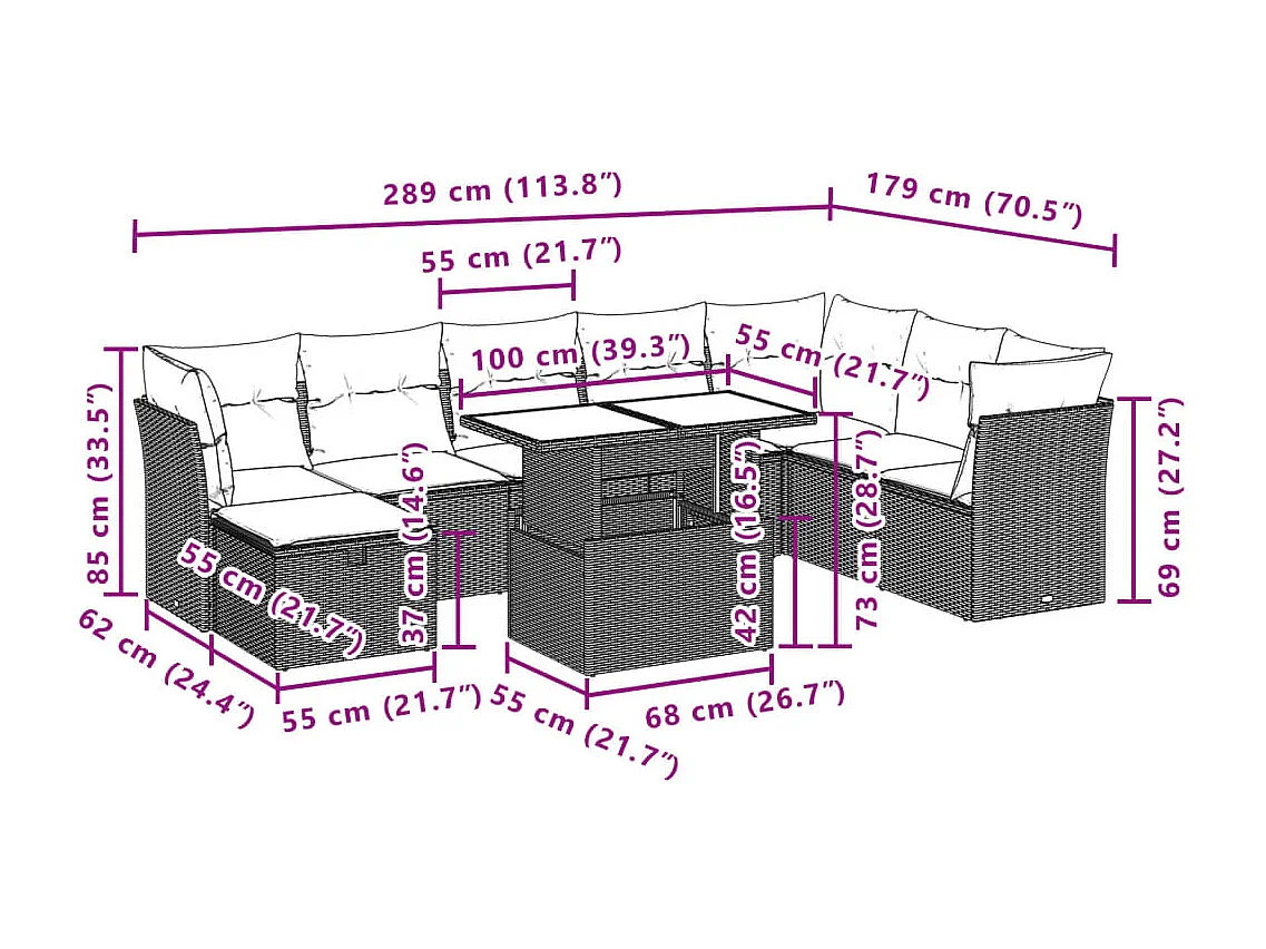 Salon de jardin 9 pcs avec coussins noir résine tressée