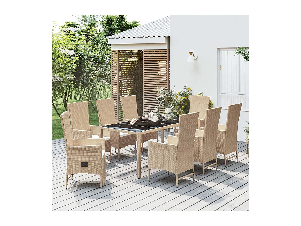Ensemble à manger de jardin et coussins 9 pcs beige Poly rotin