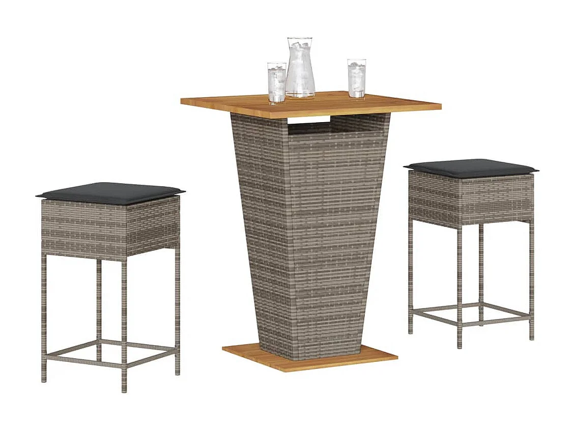 3-tlg. Gartenbar-Set mit Kissen Grau Poly Rattan